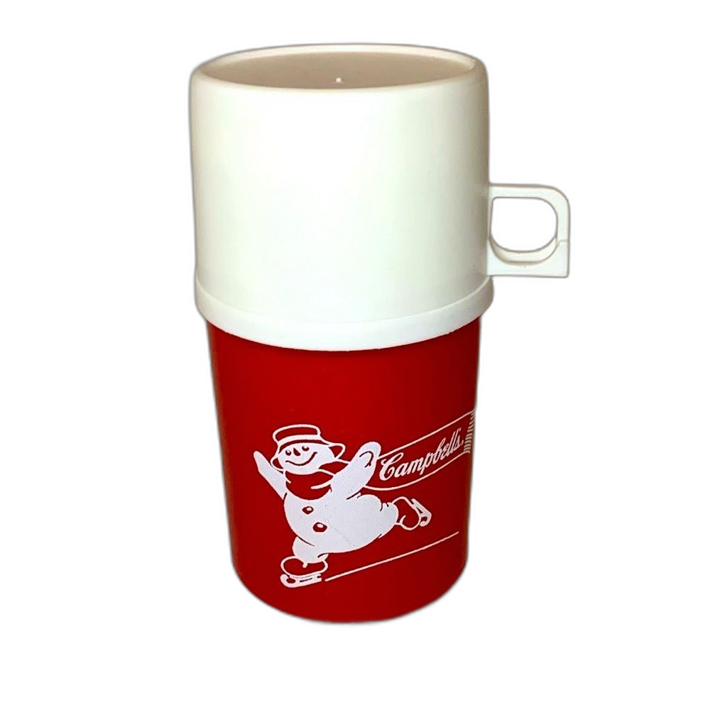 Campbells Vintage Red White Skating Snowman Top Mug Soup Thermos